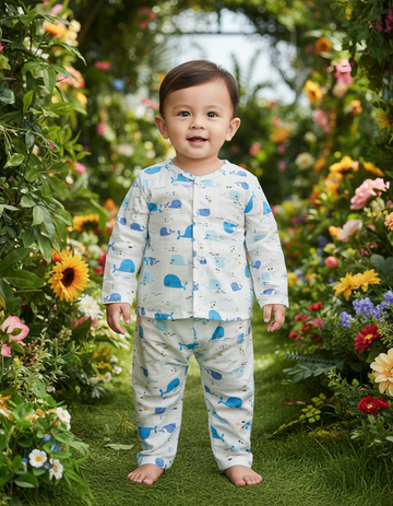 1–2 year baby muslin jabla full set with blue whale print, long sleeve button top and pant – Sri Thulir Tex