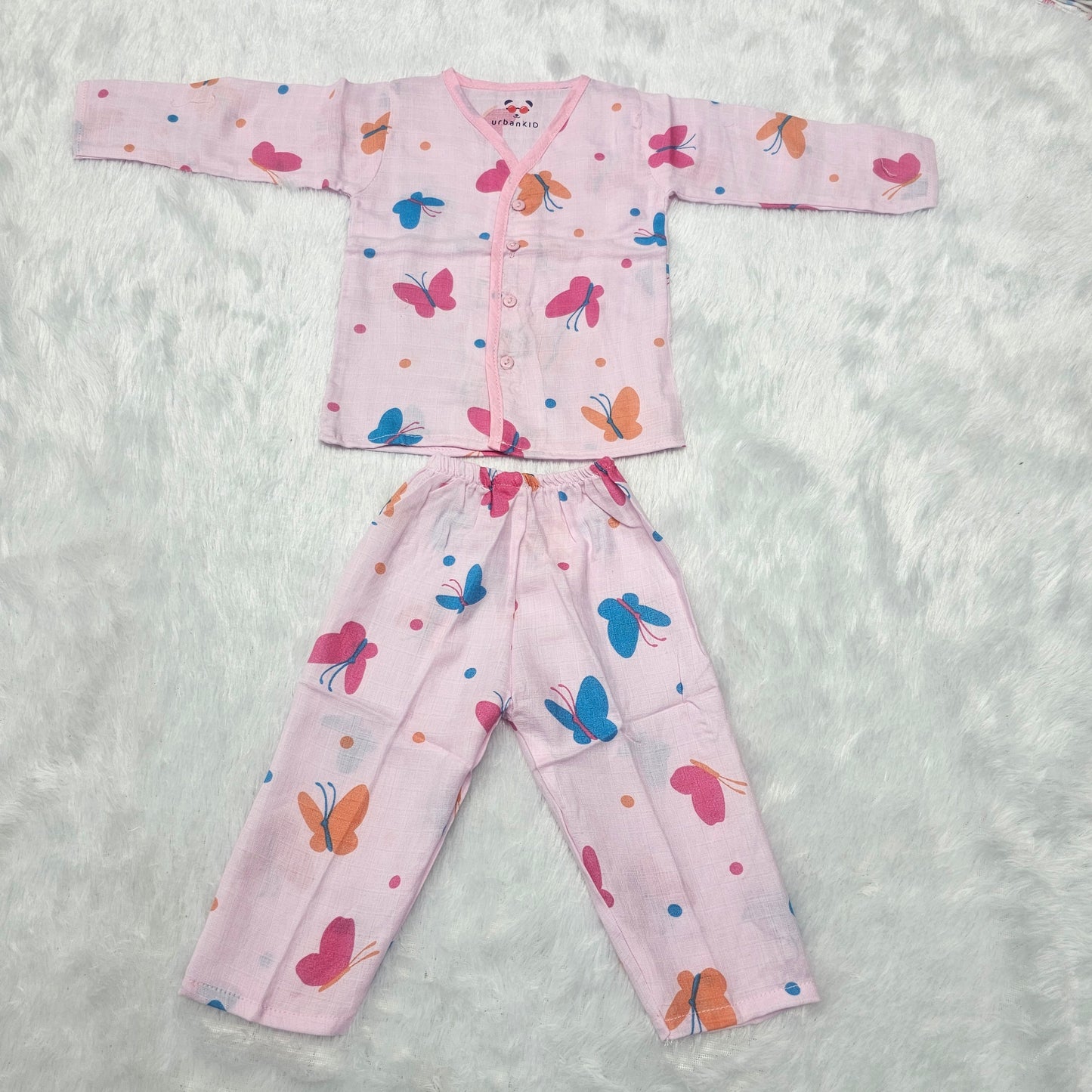 Muslin baby jabla full set for 1–2 year girls with pink butterfly print and button top – Sri Thulir Tex