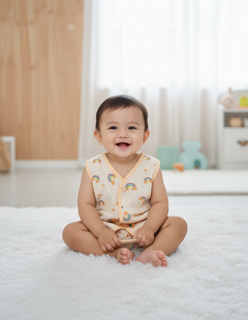 Pack of 3 muslin button-type jabla tops in pink, light blue, and peach with multi printed designs for babies.