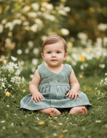 Grey green muslin baby jabla frock with white multi print and button design for 0–6 months.