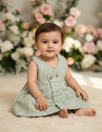 Light green muslin baby jabla frock with white multi print and button design for 0–6 months.