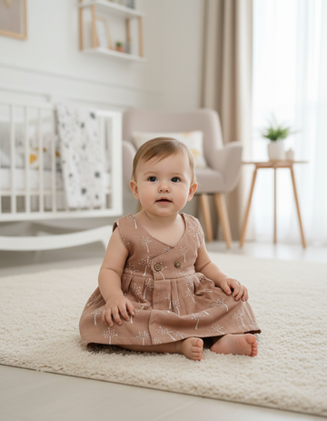 Baby muslin jabla frock in brown color with white multi print and button design for 0–6 months.