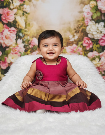 Pink top with green multicolour border silk baby frock by Sri Thulir Tex