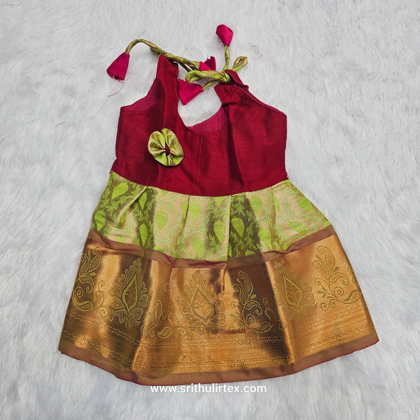Baby silk frock with purple semi silk top and gold bridal silk skirt by Sri Thulir Tex