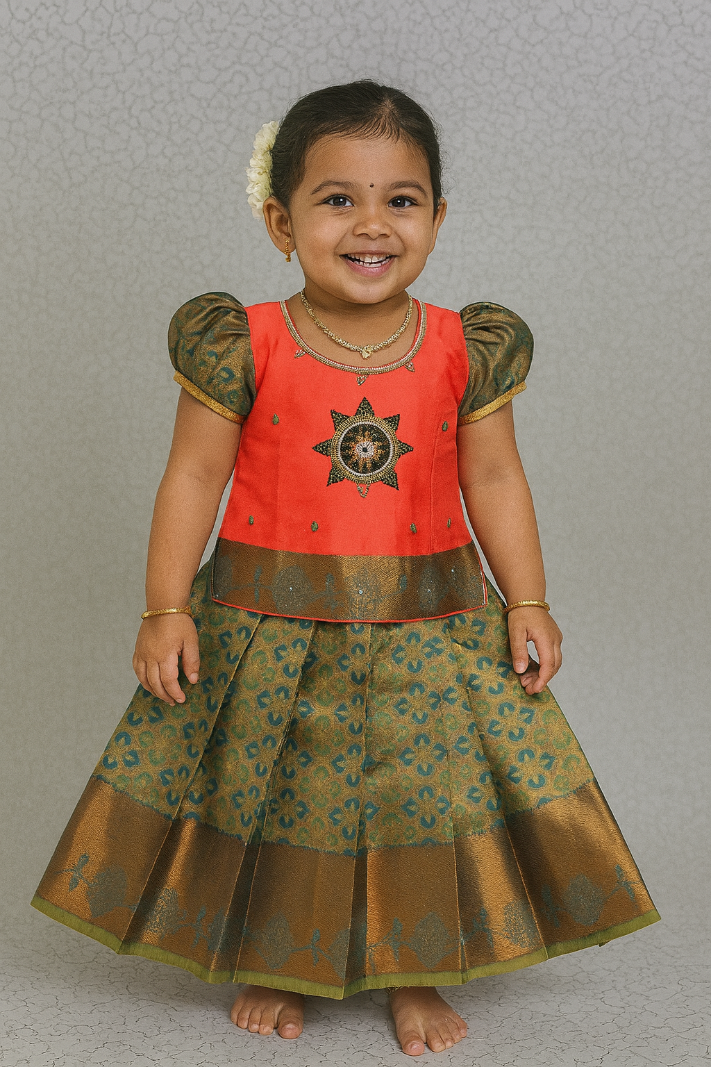 Coral pink and green silk pattu pavadai for girls with stone work blouse and zari bridal silk skirt – Sri Thulir Tex