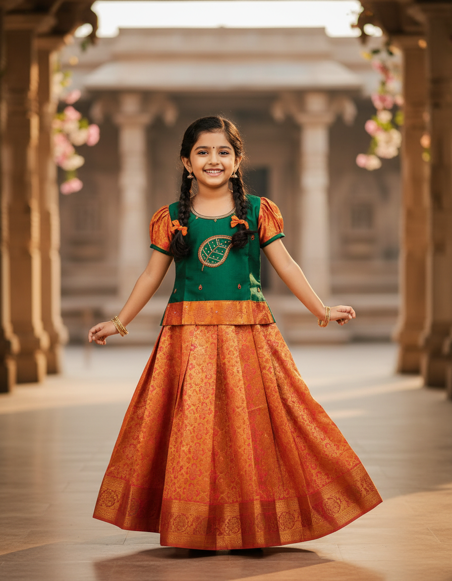 Emerald green and golden bridal silk pattu pavadai for kids with leaf embroidery and puff sleeves – Sri Thulir Tex South Indian traditional kids wear