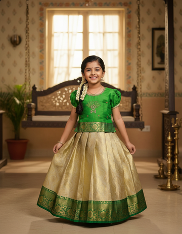 Green and golden Banarasi semi silk pattu pavadai for girls with puff sleeves and elegant zari border – Sri Thulir Tex