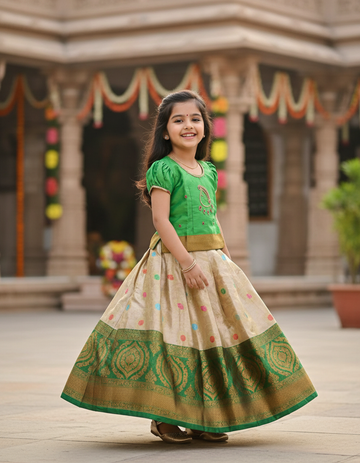 Green and golden Banarasi semi silk pattu pavadai for girls with puff sleeve and rich zari border – Sri Thulir Tex