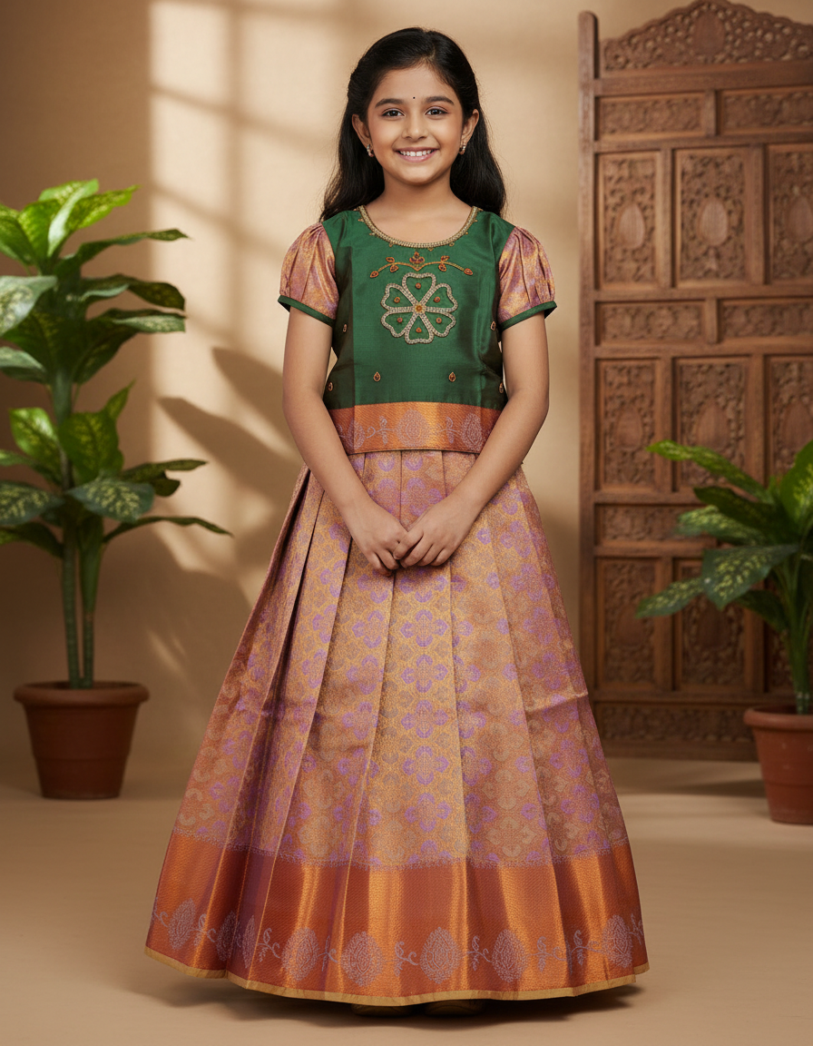 Green and lavender silk pattu pavadai for girls with designer stone work blouse and zari border skirt – Sri Thulir Tex