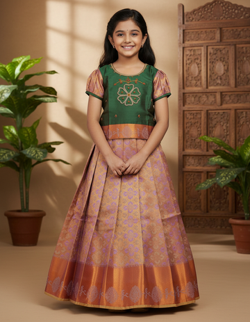 Green and lavender silk pattu pavadai for girls with designer stone work blouse and zari border skirt – Sri Thulir Tex