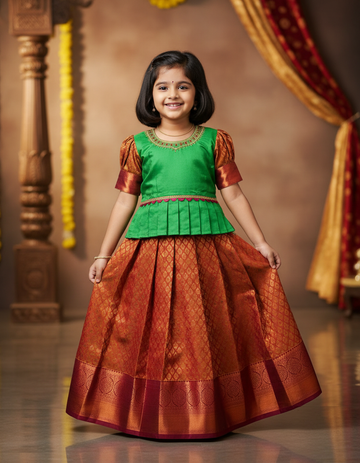 Girl wearing green top and maroon bridal silk skirt pattu pavadai – Sri Thulir Tex model photo