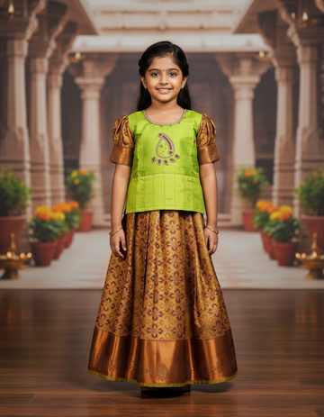 Green and maroon kids pattu pavadai set with puff sleeves and bridal silk skirt by Sri Thulir Tex