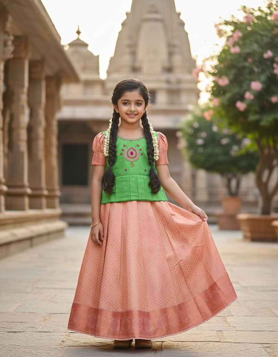 Green and peach bridal silk pattu pavadai for kids with puff sleeves and stone embroidery – Sri Thulir Tex South Indian traditional wear for girls