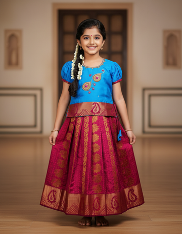 Kids Pattu Pavadai set with blue stone-work top and maroon zari woven skirt from Sri Thulir Tex.