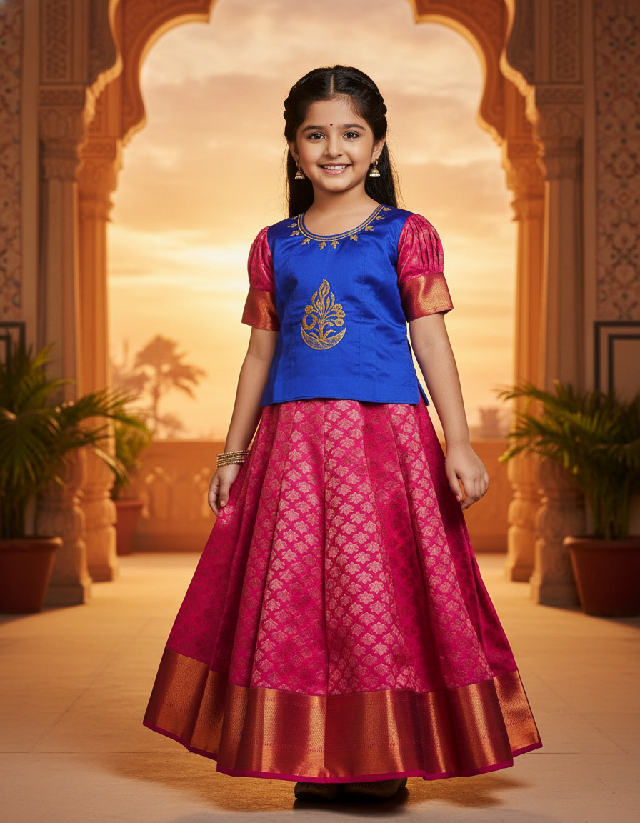 Kids pattu pavadai with blue semi silk top and pink bridal silk skirt – Sri Thulir Tex