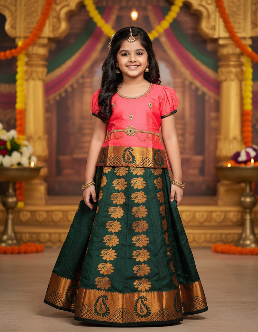 Kids Pattu Pavadai set with coral pink stone-work top and dark green zari woven skirt from Sri Thulir Tex.