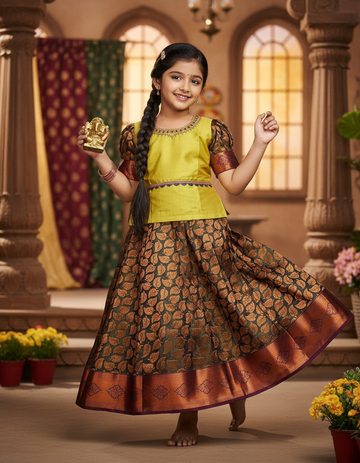 Kids green top with copper leaf design bridal silk skirt pattu pavadai set – Sri Thulir Tex
