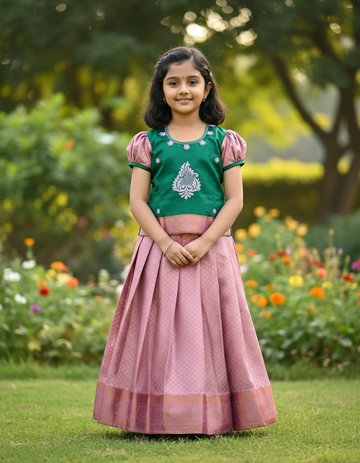 Kids green and lavender pattu pavadai set with puff sleeve blouse and zari silk skirt from Sri Thulir Tex