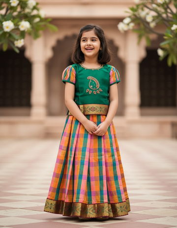 Kids green top with pink orange teal Palum Palam checked skirt pattu pavadai – Sri Thulir Tex