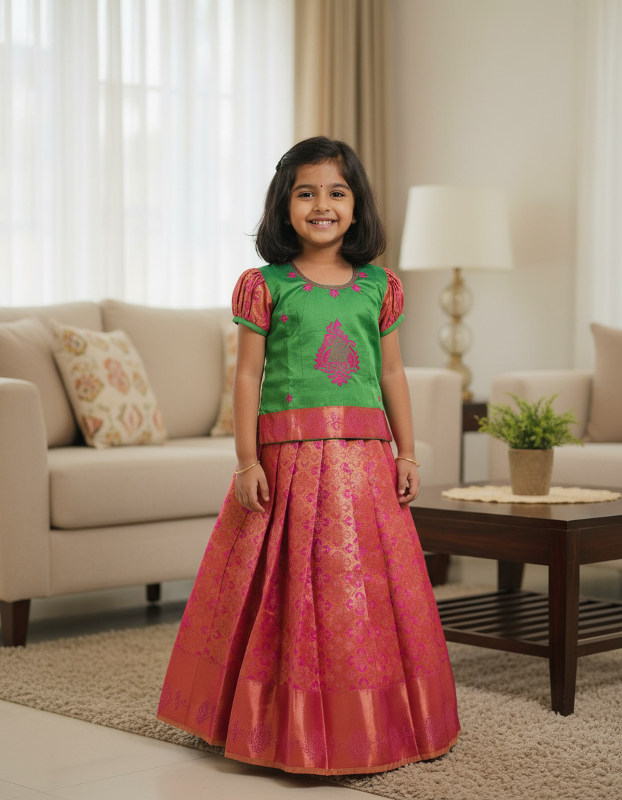Kids green and pink pattu pavadai set with puff sleeves and zari silk skirt from Sri Thulir Tex