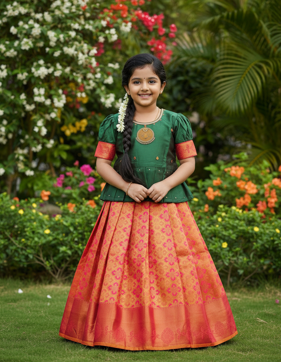 Kids green semi-silk top with pink and gold bridal silk pattu pavadai set by Sri Thulir Tex