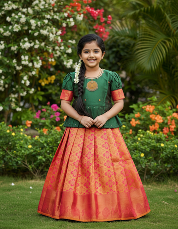 Kids green semi-silk top with pink and gold bridal silk pattu pavadai set by Sri Thulir Tex
