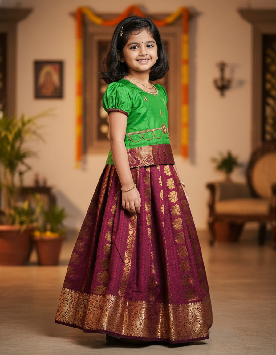 Kids Pattu Pavadai set with green top and maroon zari woven skirt from Sri Thulir Tex.