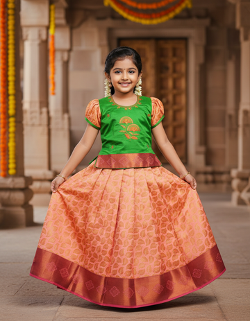 Kids pattu pavadai with green top and peach bridal silk skirt – Sri Thulir Tex