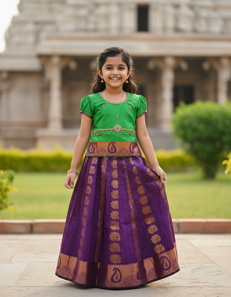 Kids Pattu Pavadai set with green top and purple zari woven skirt from Sri Thulir Tex.