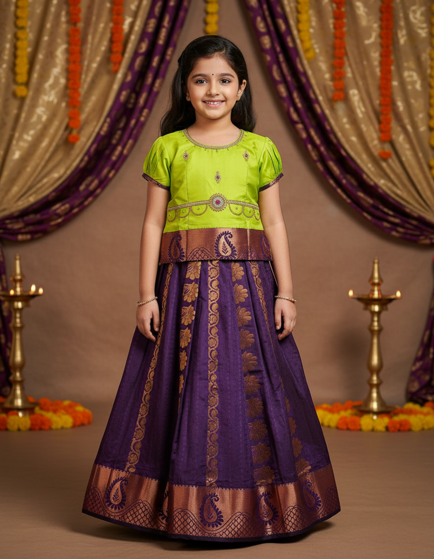 Kids Pattu Pavadai set with green semi-silk top and purple zari embroidered skirt from Sri Thulir Tex.