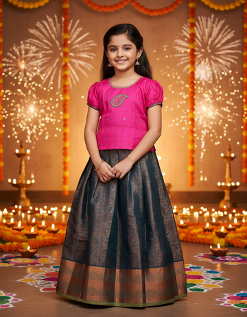 Kids Pattu Pavadai Set – Magenta Pink Semi Silk Top with Dark Teal Bridal Silk Skirt | Sri Thulir Tex