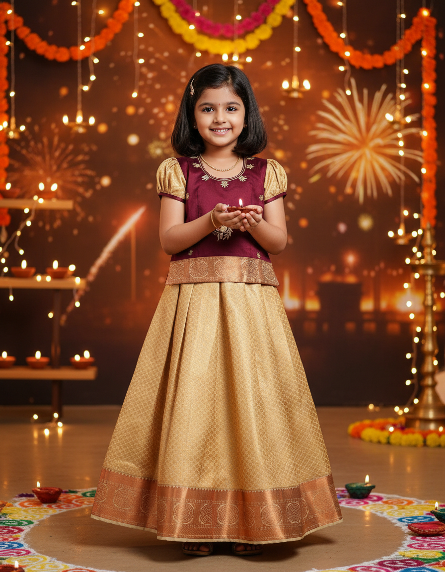 Kids maroon and gold pattu pavadai set with puff sleeve blouse and zari silk skirt from Sri Thulir Tex