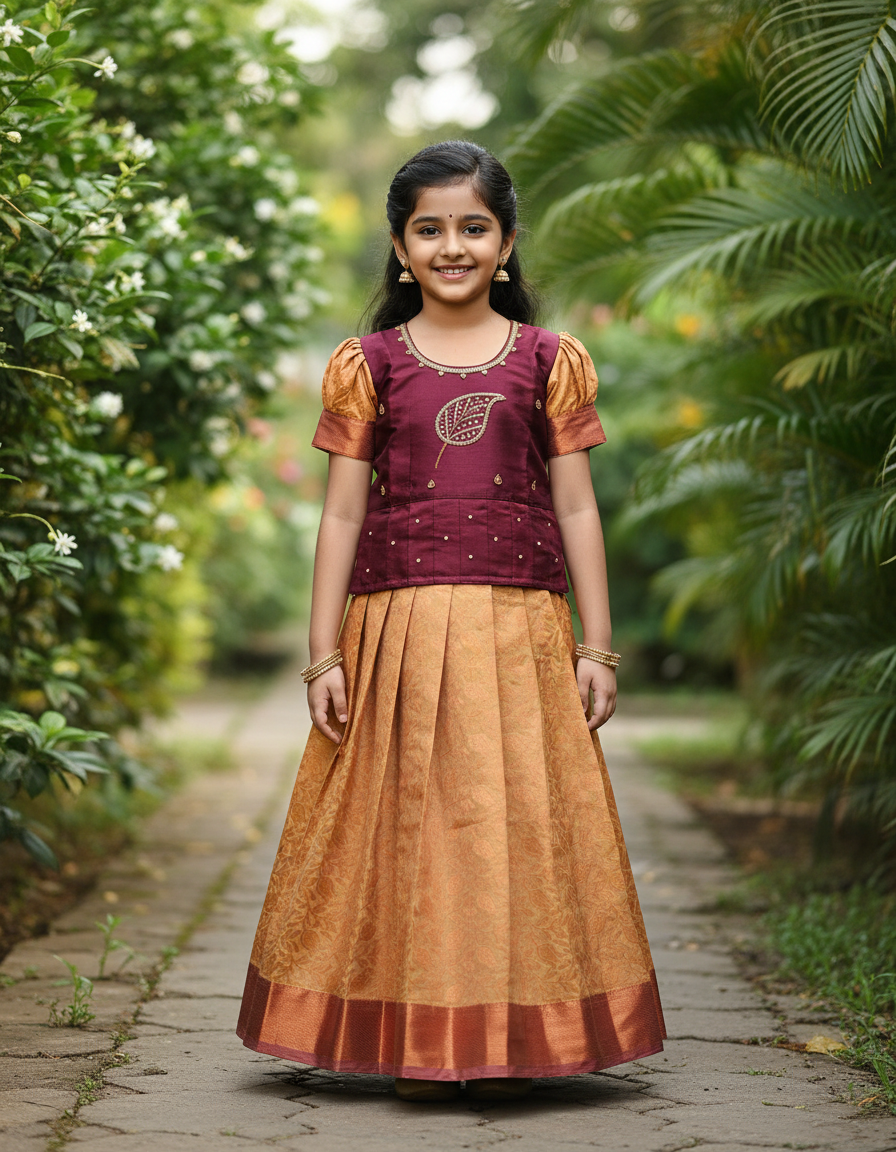 Kids maroon stone work blouse with mustard gold silk pattu pavadai set by Sri Thulir Tex