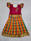 Kids maroon top with orange green yellow Palum Palam checked skirt pattu pavadai – Sri Thulir Tex