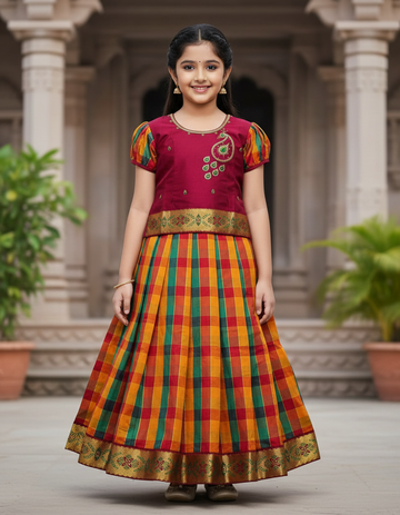 Kids maroon top with orange green yellow Palum Palam checked skirt pattu pavadai – Sri Thulir Tex