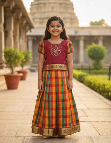 Kids maroon top with traditional Palum Palam checked skirt pattu pavadai set – Sri Thulir Tex