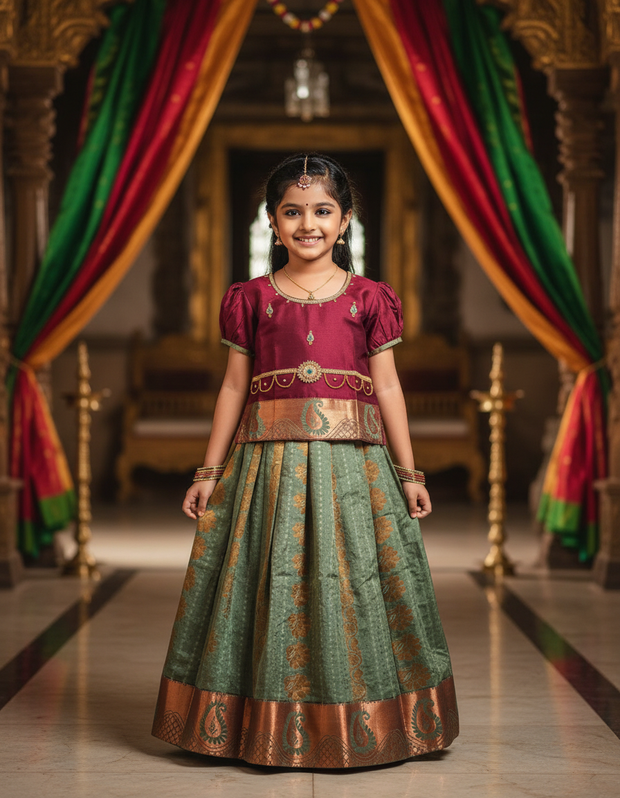Kids maroon semi silk top with olive green emboss skirt pattu pavadai – Sri Thulir Tex