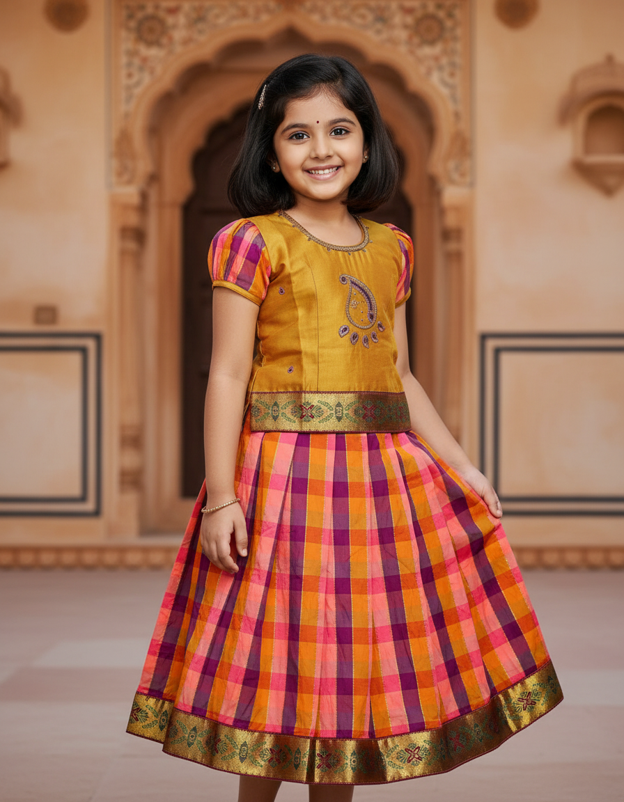 Kids mustard top with pink orange purple checked Palum Palam pattu pavadai set – Sri Thulir Tex