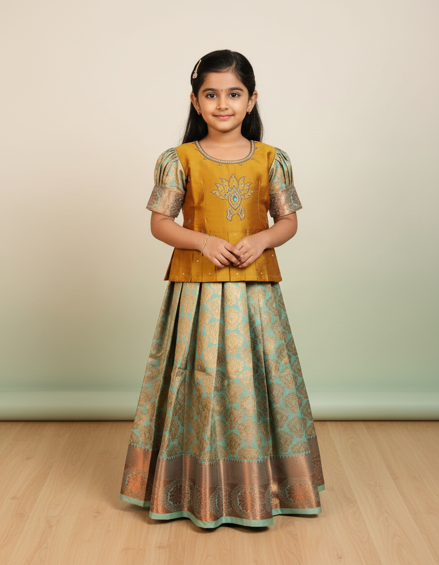 Kids pattu pavadai set with mustard yellow top and aqua bridsl silk skirt from Sri Thulir Tex