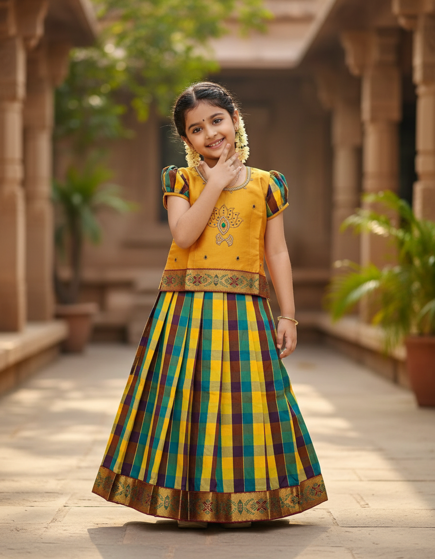 Kids mustard yellow top with brown teal yellow Palum Palam checked skirt pattu pavadai – Sri Thulir Tex