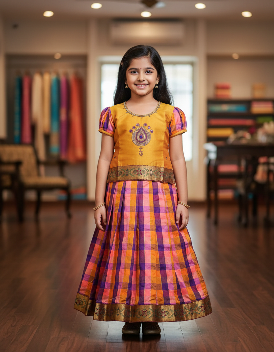 Kids mustard yellow top with pink orange purple Palum Palam checked skirt pattu pavadai – Sri Thulir Tex