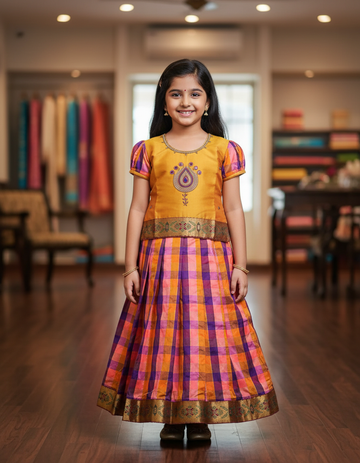 Kids mustard yellow top with pink orange purple Palum Palam checked skirt pattu pavadai – Sri Thulir Tex