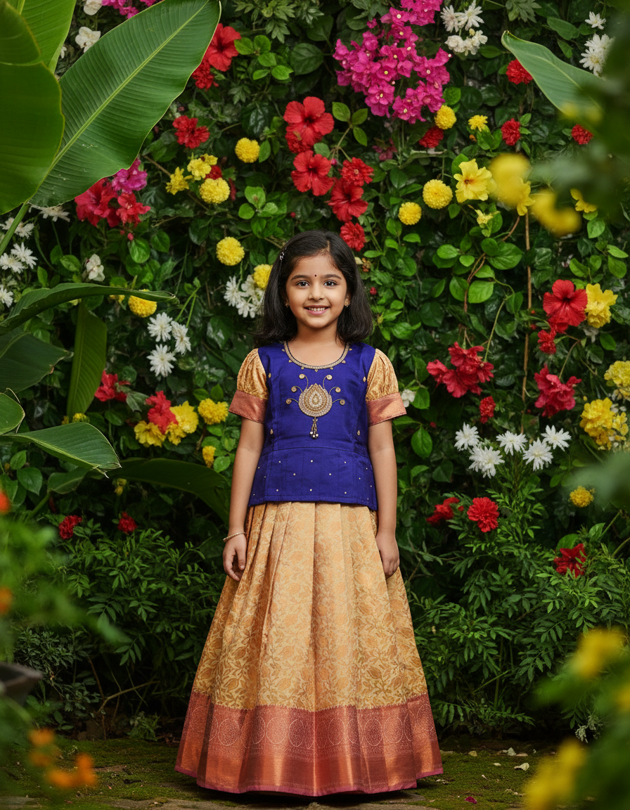 Kids navy blue and golden pattu pavadai set with puff sleeves and zari woven silk skirt – Sri Thulir Tex