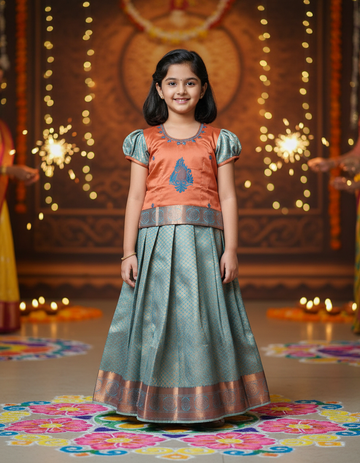 Kids orange and aqua blue pattu pavadai set with puff sleeve blouse and zari silk skirt from Sri Thulir Tex