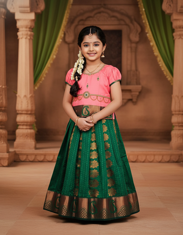 Kids Pattu Pavadai set with peach stone-work top and green zari woven skirt from Sri Thulir Tex.