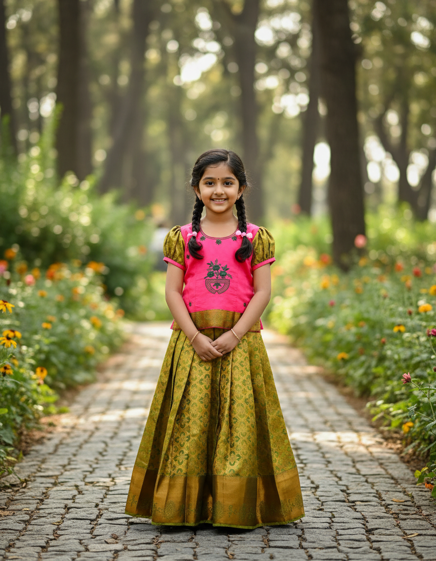 Kids pink and green pattu pavadai set with puff sleeve blouse and zari silk skirt from Sri Thulir Tex
