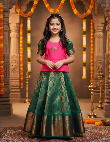 Kids Pink and Green Pattu Pavadai Set with Semi Silk Top and Bridal Silk Skirt – Traditional South Indian Dress