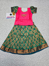 Kids Pink and Green Pattu Pavadai Set with Semi Silk Top and Bridal Silk Skirt – Traditional South Indian Dress