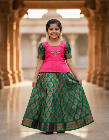 Kids Pink and Green Pattu Pavadai Set with Semi Silk Top and Bridal Silk Skirt – Traditional South Indian Dress