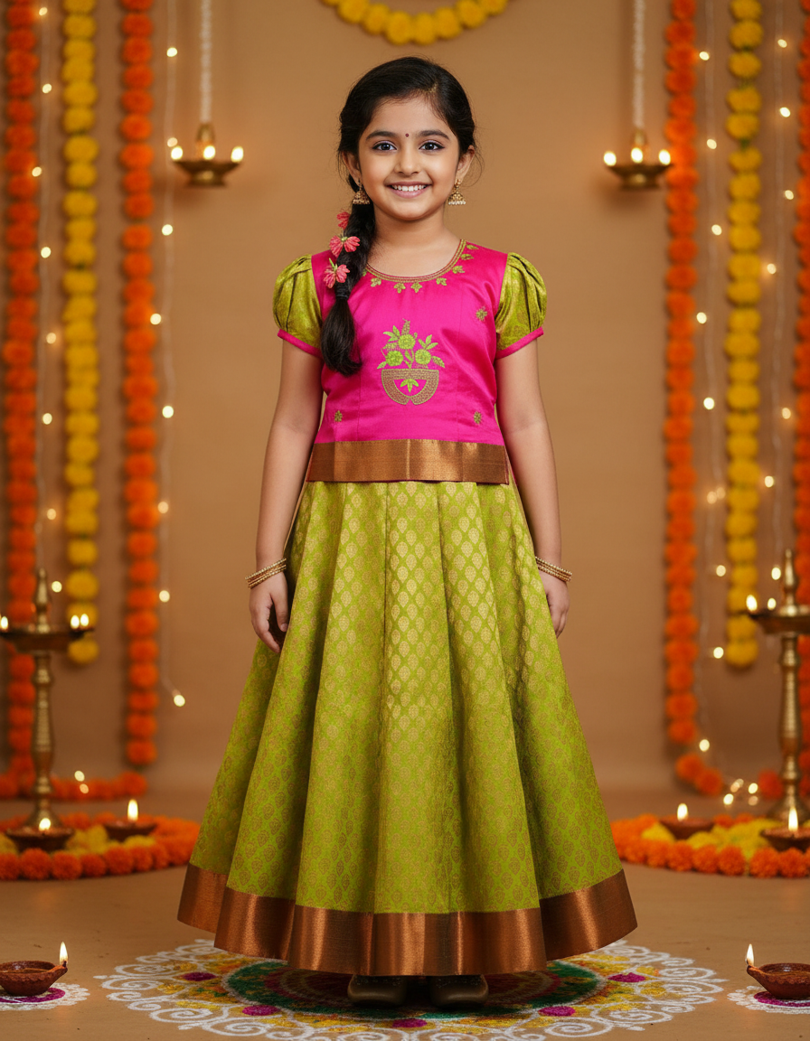 Kids pink and green pattu pavadai set with puff sleeve blouse and zari silk skirt from Sri Thulir Tex